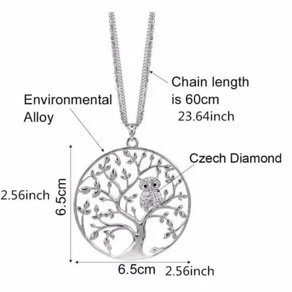 Silver Tree Of Life Diamond Owl Pendant Triple Chain Necklace - Picture 4 of 4